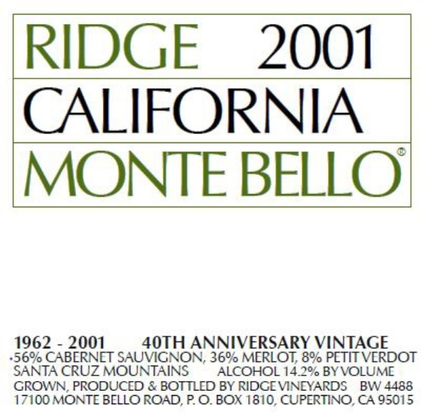 Picture of 2001 Ridge Cabernet Sauvignon Monte Bello