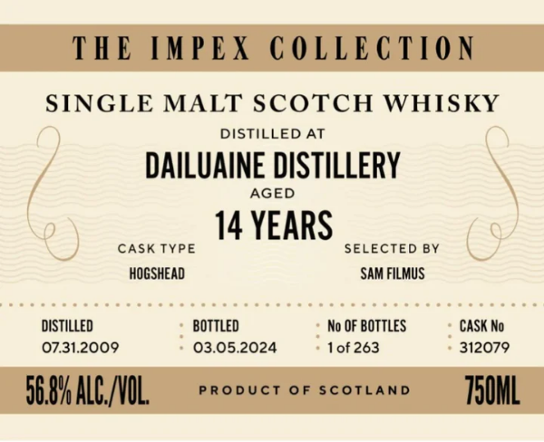 Picture of The ImpEx Collection Dailuaine Distillery 14 yr Single Malt Whiskey 750ml